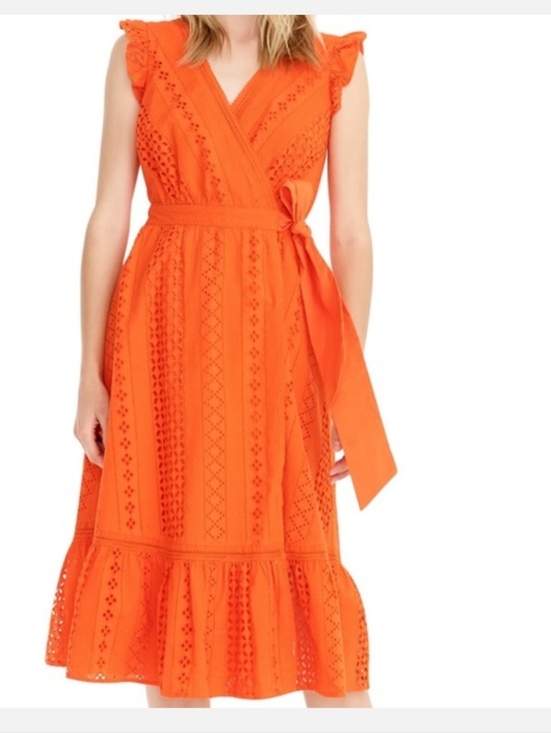 J. Crew Dresses & Skirts - J. Crew Orange Eyelet Wrap Midi Dress with Waist Tie